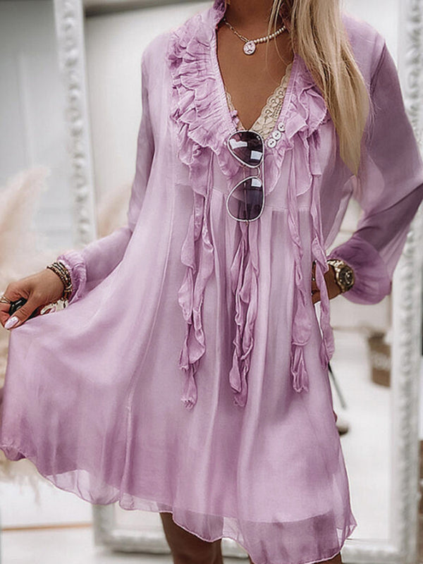 Women's solid color ruffled long sleeve dress
