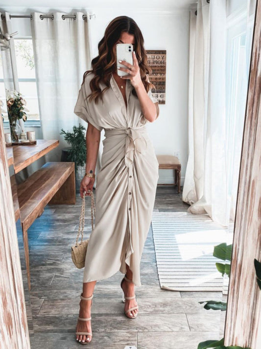 Women's Solid color pleated short sleeve shirt dress - OCEANE