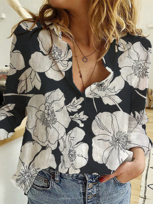 Women's Color Casual Loose Long Sleeve Linen Shirt in 9 prints & solids - OCEANE