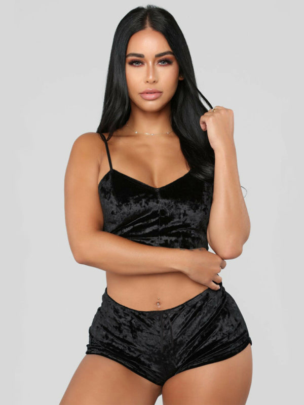 Sexy Velvet V-neck Underwear Two-Piece Set Sexy Lingerie Pajamas Loungewear Set