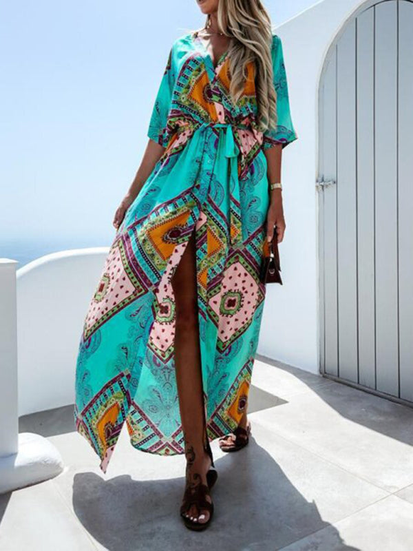 Women's Swamp Tropical Print ¾ Sleeve Chiffon Wrap Dress