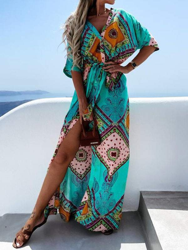 Women's Swamp Tropical Print ¾ Sleeve Chiffon Wrap Dress
