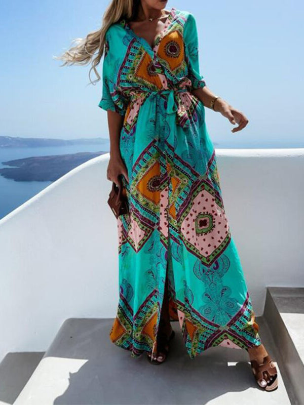 Women's Swamp Tropical Print ¾ Sleeve Chiffon Wrap Dress