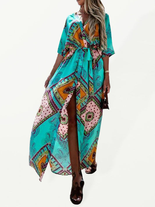 Women's Swamp Tropical Print ¾ Sleeve Chiffon Wrap Dress