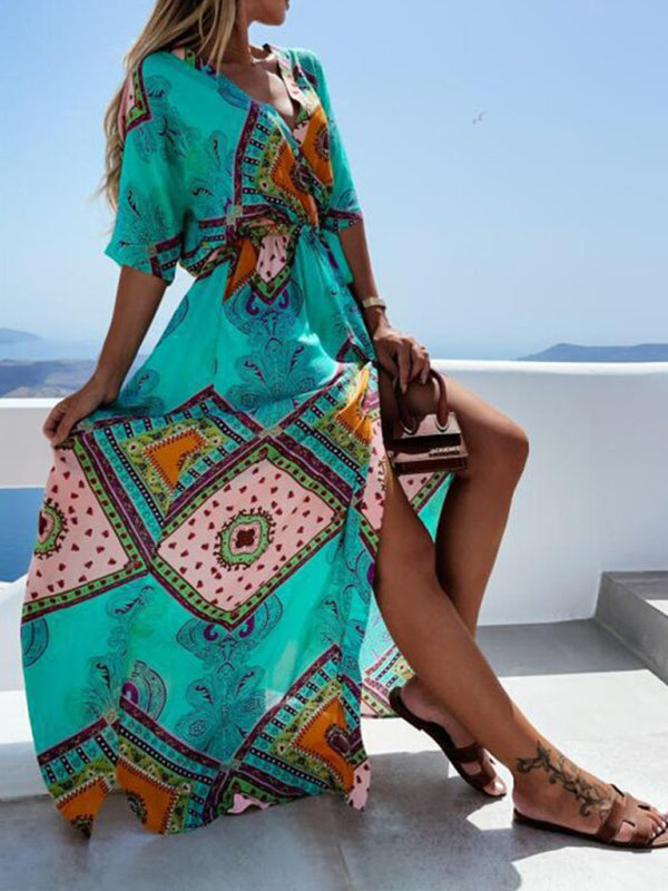 Women's Swamp Tropical Print ¾ Sleeve Chiffon Wrap Dress