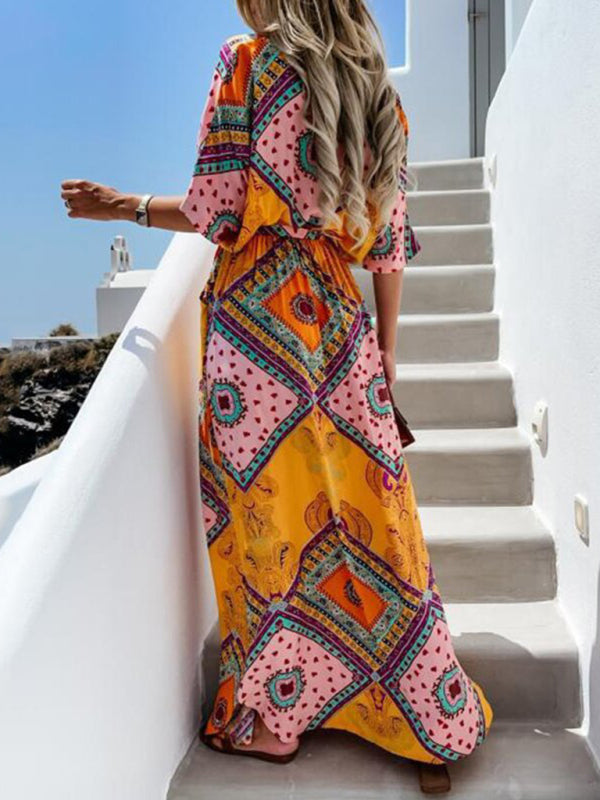 Women's Swamp Tropical Print ¾ Sleeve Chiffon Wrap Dress