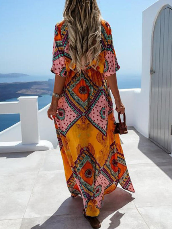 Women's Swamp Tropical Print ¾ Sleeve Chiffon Wrap Dress