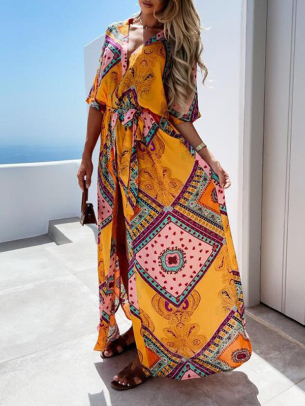Women's Swamp Tropical Print ¾ Sleeve Chiffon Wrap Dress