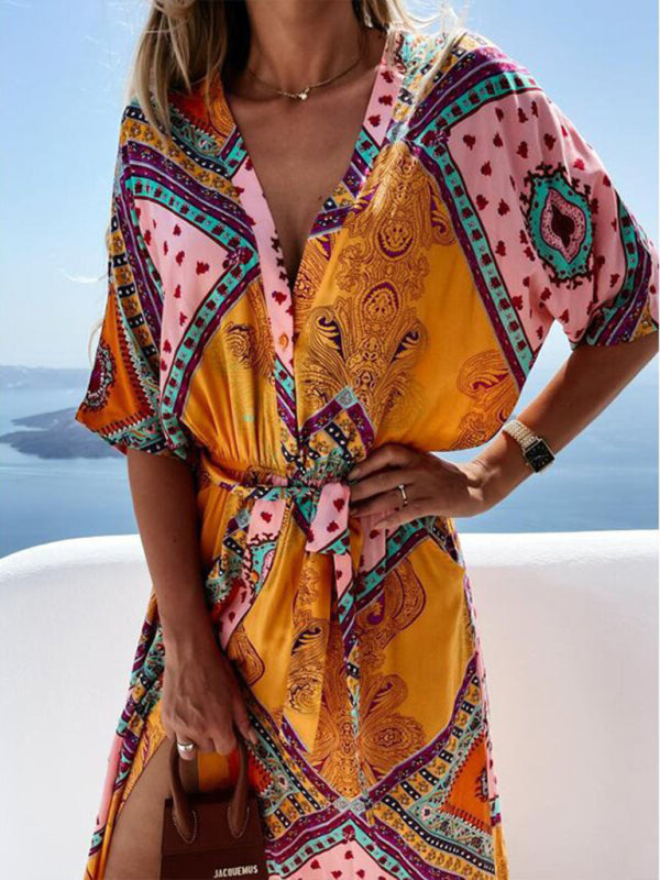Women's Swamp Tropical Print ¾ Sleeve Chiffon Wrap Dress