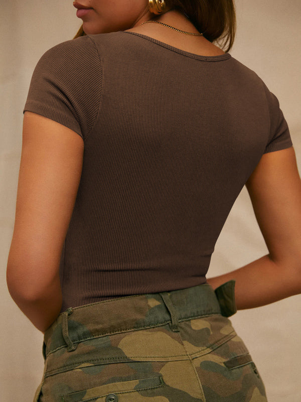 Women's Solid Color rib Short Sleeve Stretch Cotton Bodysuit