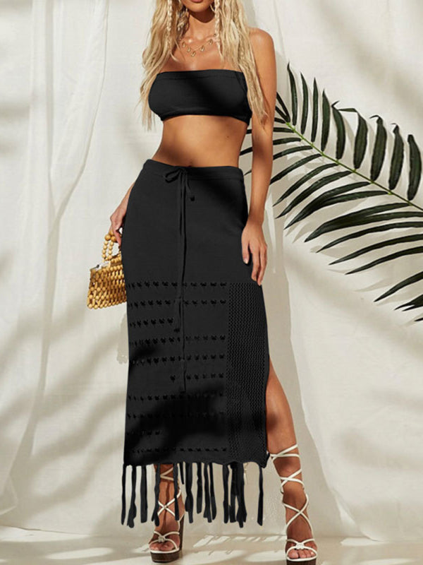 Women's two-piece tie-up fringe knit beach bikini top and skirt set