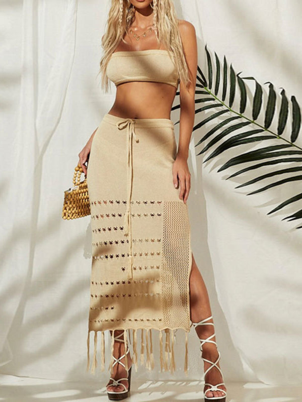 Women's two-piece tie-up fringe knit beach bikini top and skirt set