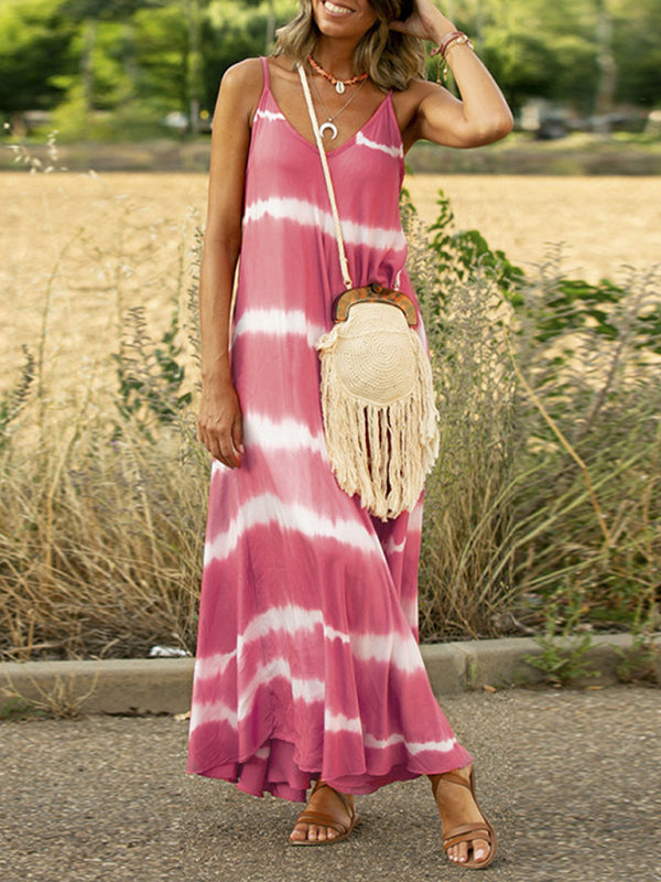 Sexy suspender dress with splicing stripes and large swing dress