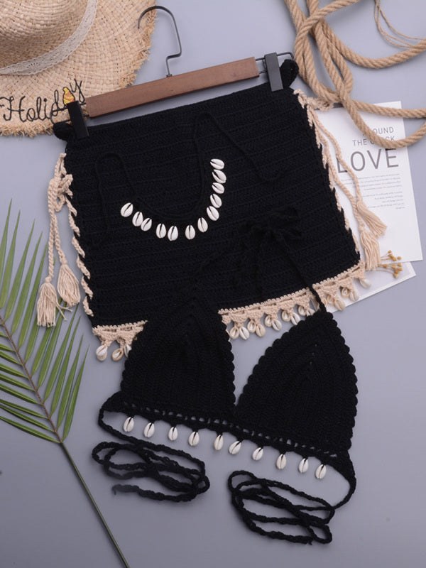 Exotic Beach vacation handmade solid color shell bikini skirt set