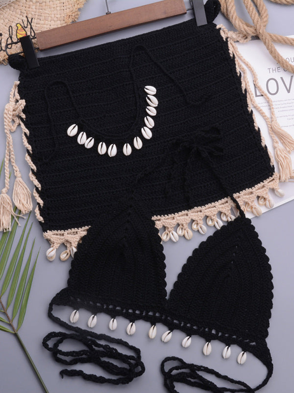 Exotic Beach vacation handmade solid color shell bikini skirt set