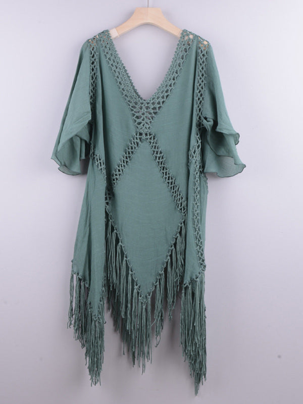 New style v-neck splicing sun protection top jacket beach cover-up dress~6 colors to choose!