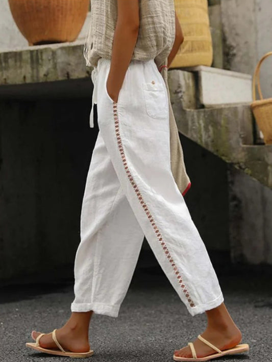 Women's Solid Color Cotton Linen Casual Pants Stitching Sweet Cropped Pants - OCEANE
