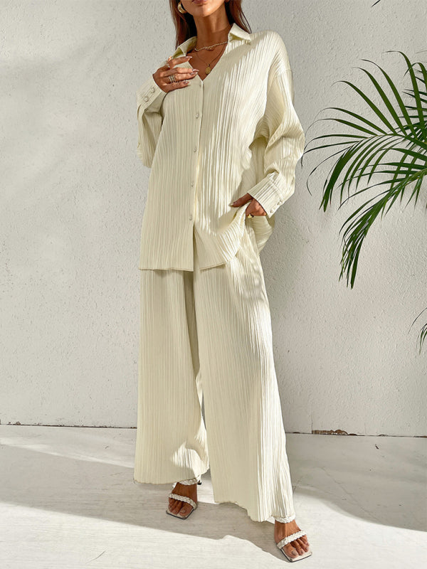 Women's Solid Color Edge Pleated Button-Up Shirt With Matching Pleated Wide-Leg Pants