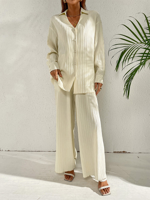Women's Solid Color Edge Pleated Button-Up Shirt With Matching Pleated Wide-Leg Pants