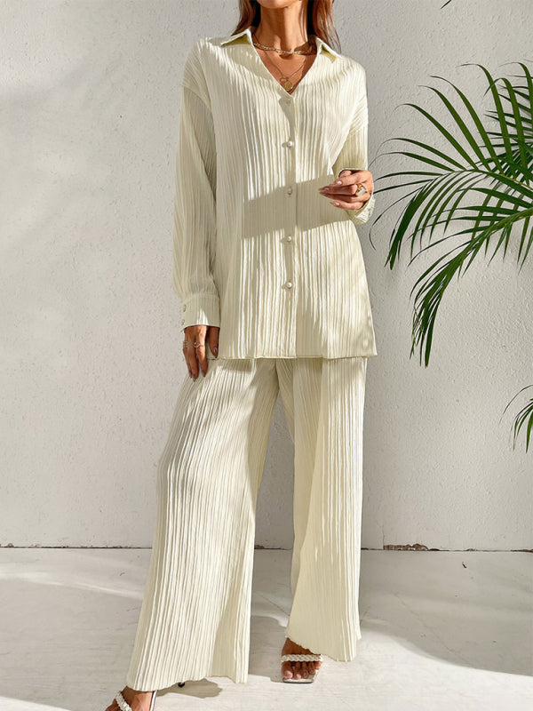Women's Solid Color Edge Pleated Button-Up Shirt With Matching Pleated Wide-Leg Pants