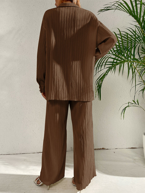 Women's Solid Color Edge Pleated Button-Up Shirt With Matching Pleated Wide-Leg Pants