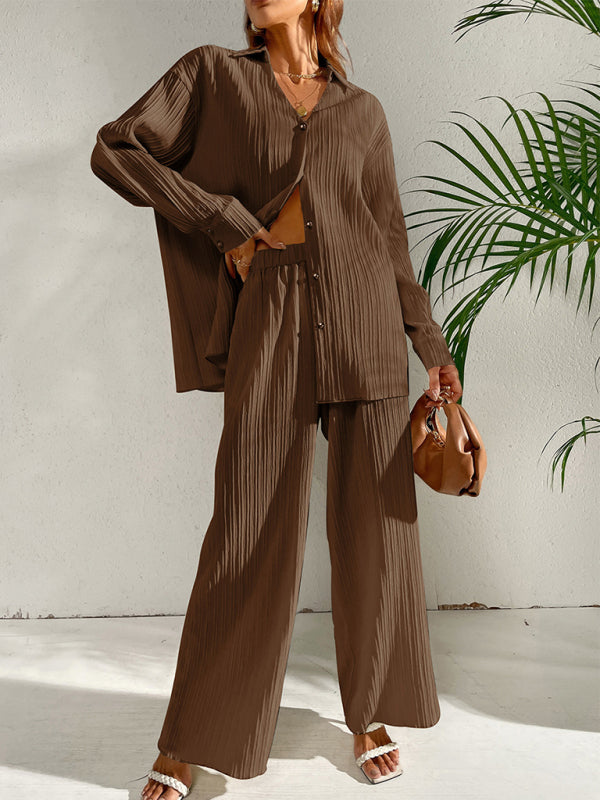 Women's Solid Color Edge Pleated Button-Up Shirt With Matching Pleated Wide-Leg Pants