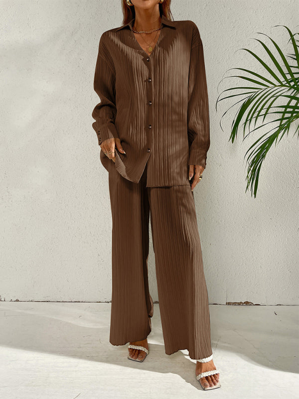 Women's Solid Color Edge Pleated Button-Up Shirt With Matching Pleated Wide-Leg Pants
