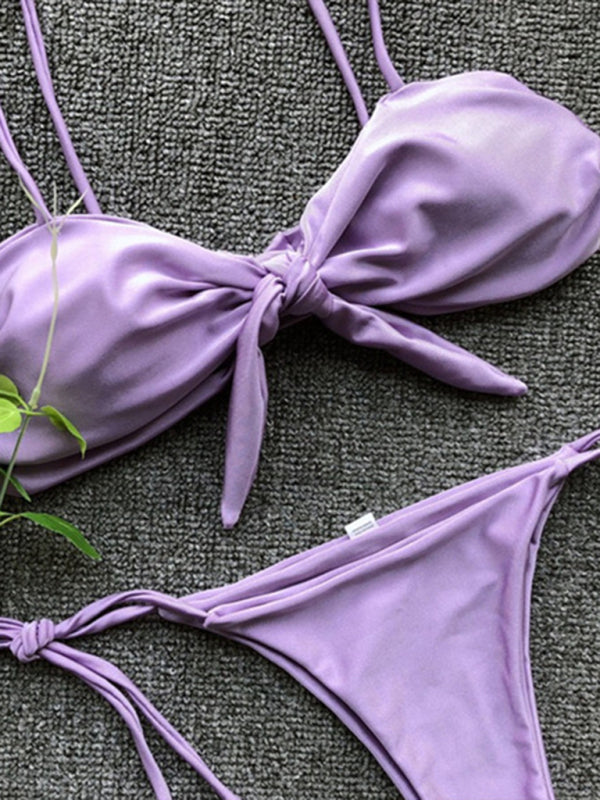 Sexy three-point bikini women's strappy push-up swimsuit in purple, gray, white