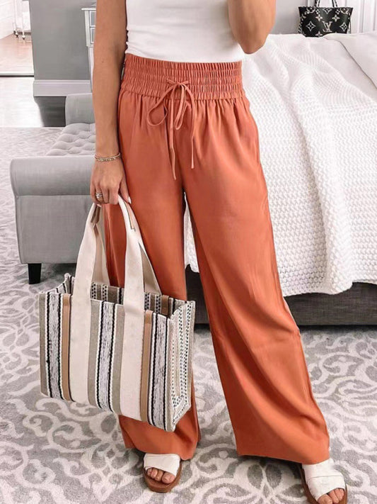 Loose Home Casual Trousers Mid-Waist Solid Color Lace-Up Wide-Leg Pants - OCEANE