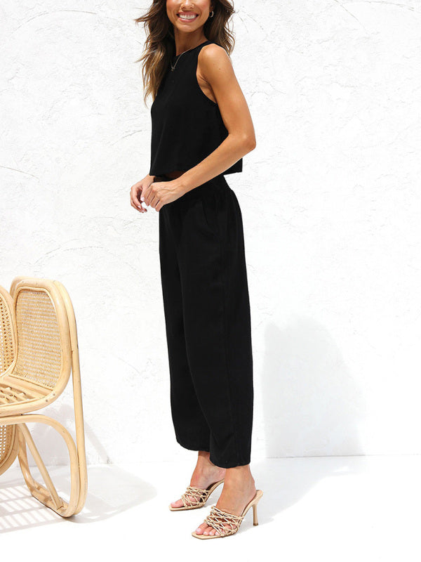 Women's casual sleeveless button-down cropped wide-leg pants cotton and linen suit~4 colors!