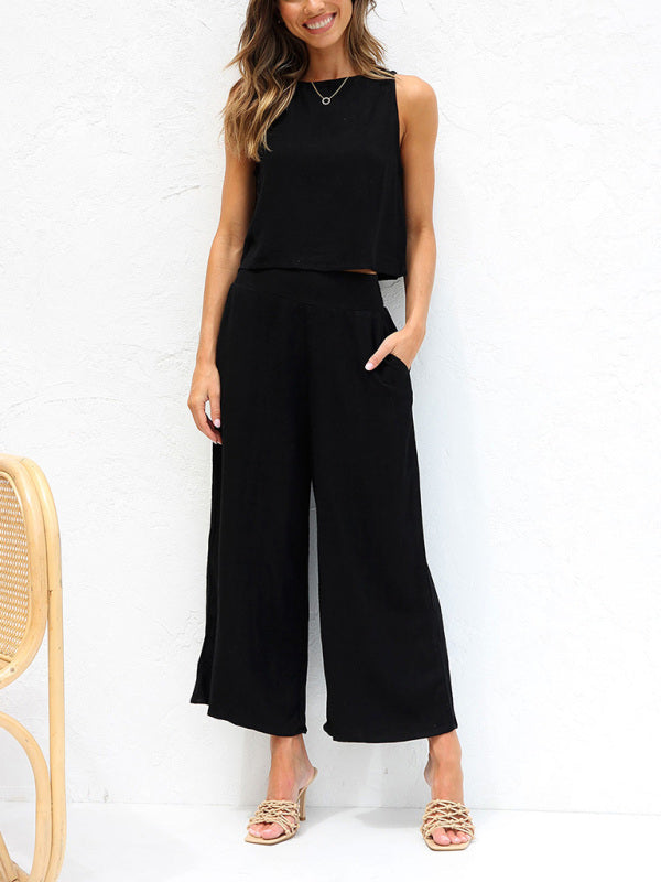 Women's casual sleeveless button-down cropped wide-leg pants cotton and linen suit~4 colors!