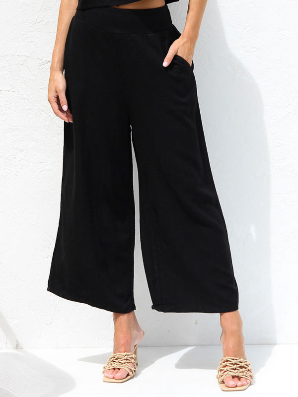 Women's casual sleeveless button-down cropped wide-leg pants cotton and linen suit~4 colors!