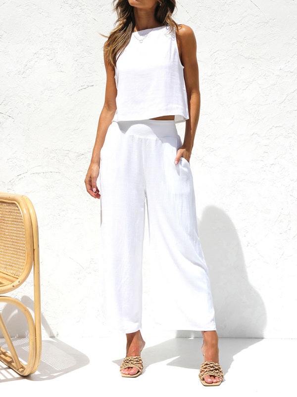 Women's casual sleeveless button-down cropped wide-leg pants cotton and linen suit~4 colors!