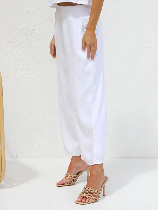 Women's casual sleeveless button-down cropped wide-leg pants cotton and linen suit~4 colors!