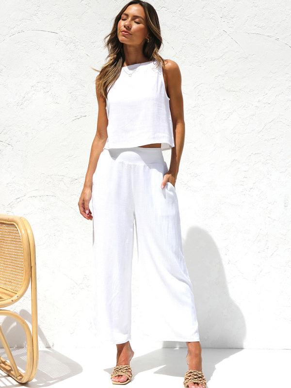 Women's casual sleeveless button-down cropped wide-leg pants cotton and linen suit~4 colors!