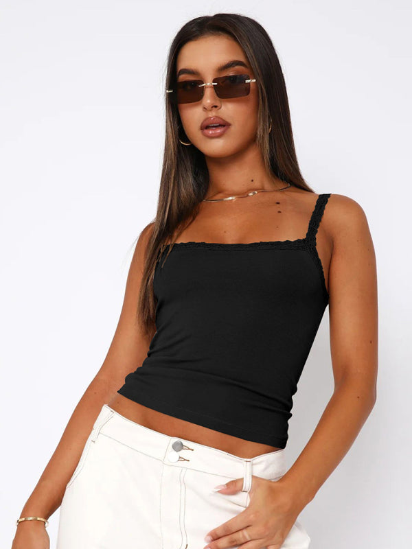 Sexy Versatile Slim Short Lace Stitching Pure Color Tank