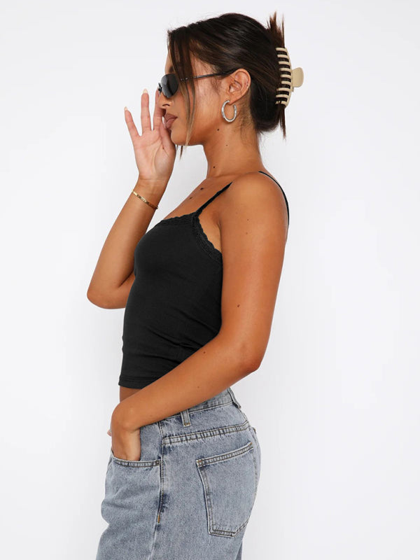 Sexy Versatile Slim Short Lace Stitching Pure Color Tank