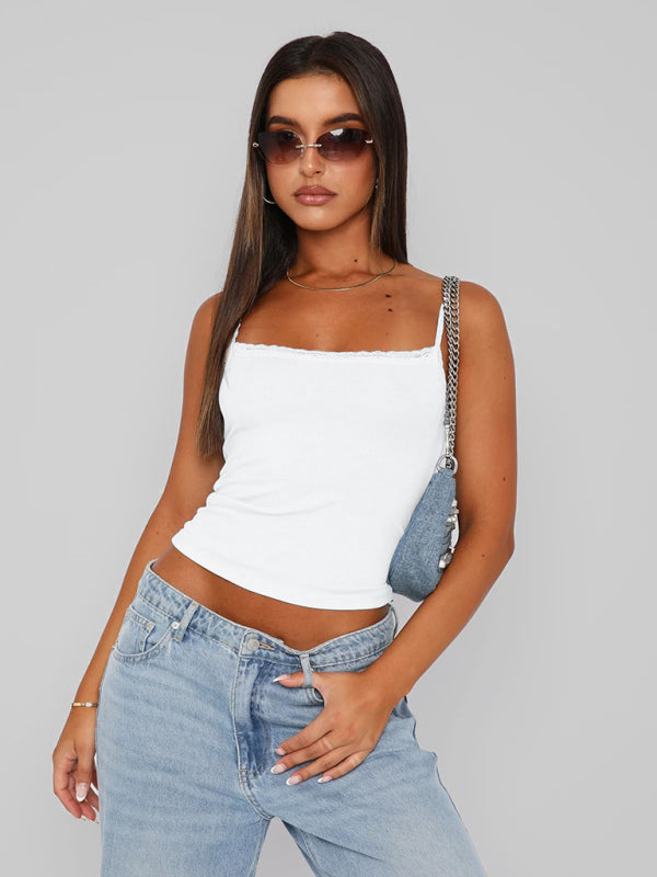 Sexy Versatile Slim Short Lace Stitching Pure Color Tank