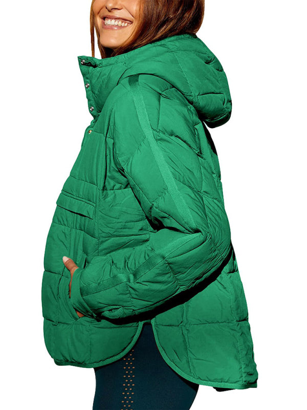 Solid Color Hooded Cotton Foldable Padded Pullover Pocket Long Sleeve Jacket
