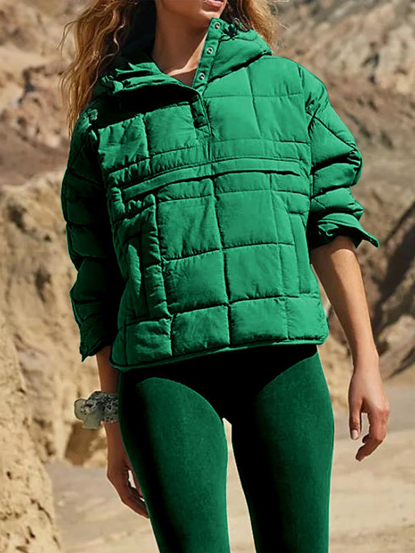Solid Color Hooded Cotton Foldable Padded Pullover Pocket Long Sleeve Jacket