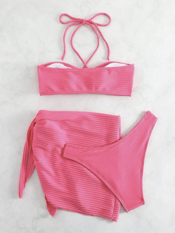 Women's three-piece sexy strappy bikini swimsuit in pink & mint green