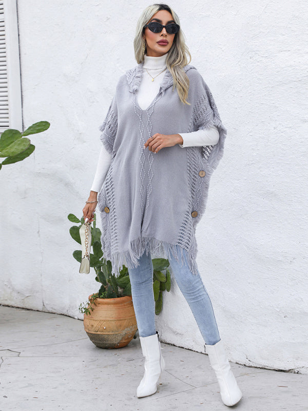 Women's casual loose V-tie hooded pullover mid-length sweater vest cloak top jacket