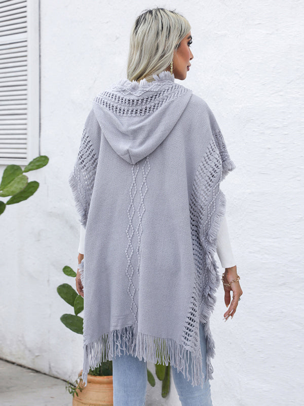 Women's casual loose V-tie hooded pullover mid-length sweater vest cloak top jacket