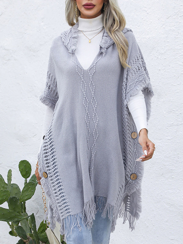 Women's casual loose V-tie hooded pullover mid-length sweater vest cloak top jacket