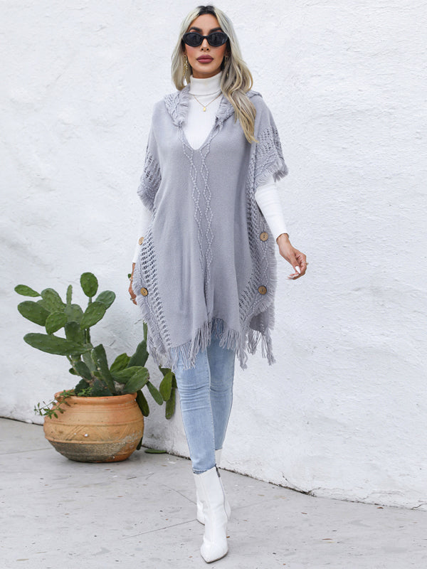 Women's casual loose V-tie hooded pullover mid-length sweater vest cloak top jacket
