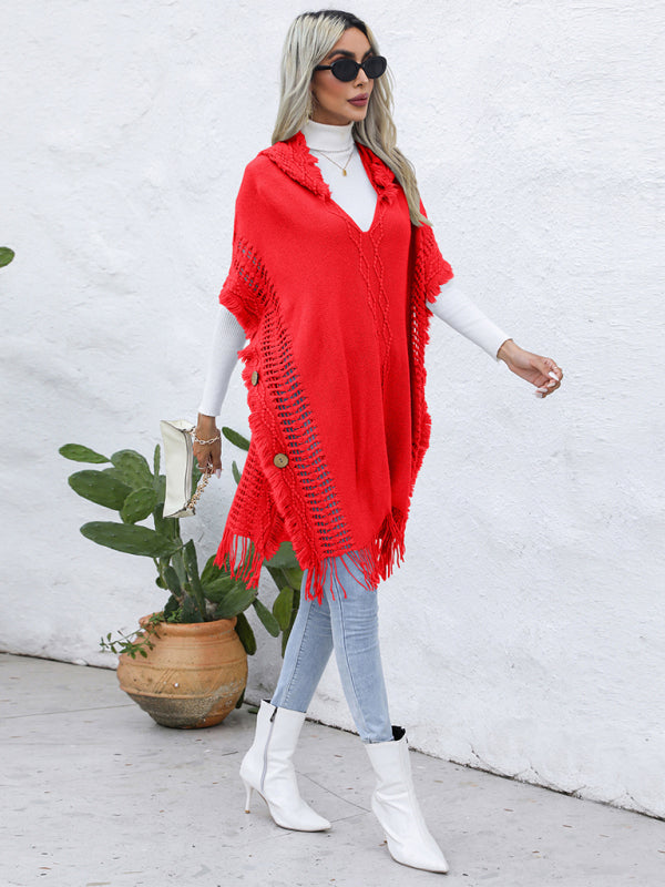 Women's casual loose V-tie hooded pullover mid-length sweater vest cloak top jacket