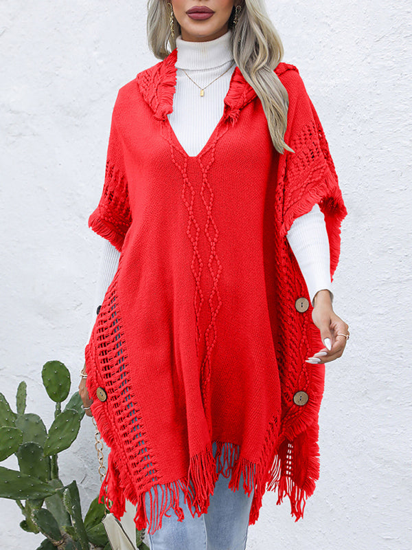 Women's casual loose V-tie hooded pullover mid-length sweater vest cloak top jacket