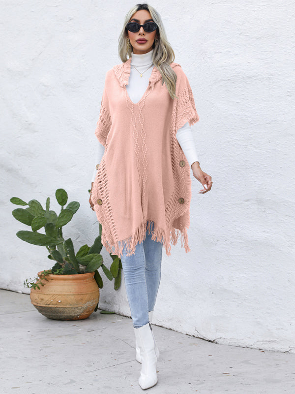 Women's casual loose V-tie hooded pullover mid-length sweater vest cloak top jacket