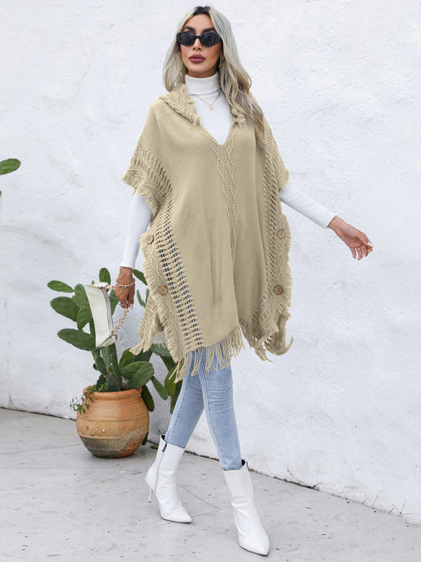Women's casual loose V-tie hooded pullover mid-length sweater vest cloak top jacket