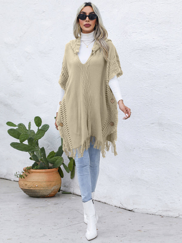 Women's casual loose V-tie hooded pullover mid-length sweater vest cloak top jacket
